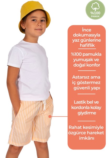 %100 Pamuk Çizgili Turuncu Yazlık Erkek Çocuk Şort
