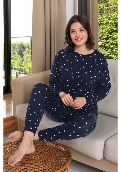 Kadın Yıldız Desen Uzun Kol Pijama Takımı 240928 Lacivert modelleri