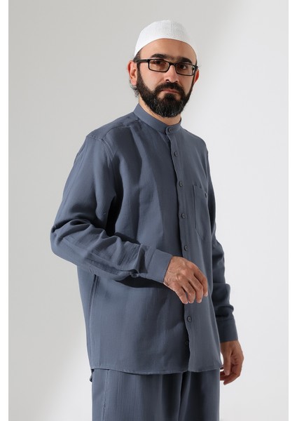 Erkek Müslin Hakim Yaka Uzun Kollu Düğmeli Gömlek, Hac Umre Kıyafeti -Füme (Ans)