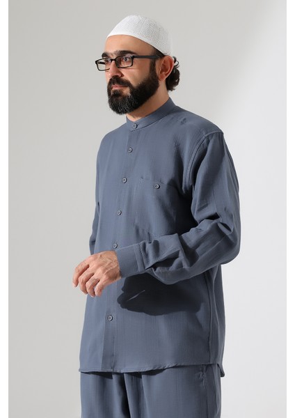 Erkek Müslin Hakim Yaka Uzun Kollu Düğmeli Gömlek, Hac Umre Kıyafeti -Füme (Ans) fiyatları