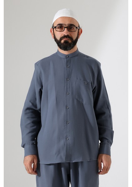 Erkek Müslin Hakim Yaka Uzun Kollu Düğmeli Gömlek, Hac Umre Kıyafeti -Füme (Ans) modelleri