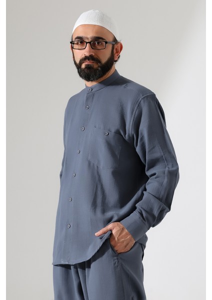 Erkek Müslin Hakim Yaka Uzun Kollu Düğmeli Gömlek, Hac Umre Kıyafeti -Füme (Ans) fırsatları