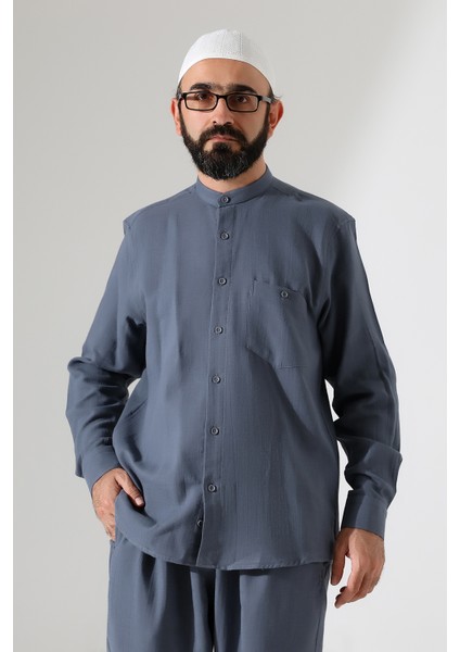 Erkek Müslin Hakim Yaka Uzun Kollu Düğmeli Gömlek, Hac Umre Kıyafeti -Füme (Ans) indirimleri