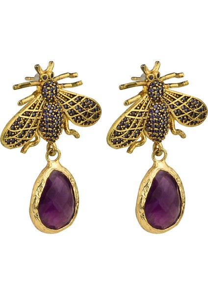 Doğal Taşlı Arı Figürlü Kedi Gözü Küpe