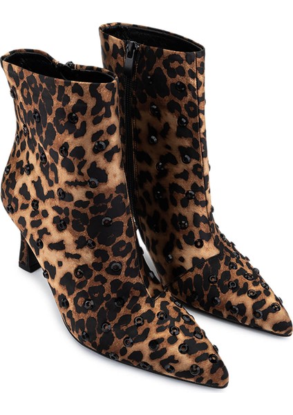 Kadın Saten Leopar Topuklu Bot 735 8794 Bn Bot SK25-26 Leopar fiyatları
