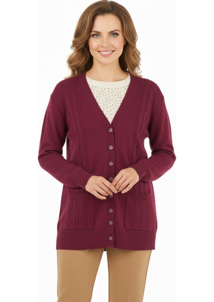 Kadın Kışlık Örgü Desenli Düğmeli Çift Cepli Uzun Kollu Normal Kesim Likralı Kardelen Dokuma Anne Hırka