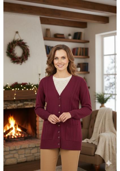 Kadın Kışlık Örgü Desenli Düğmeli Çift Cepli Uzun Kollu Normal Kesim Likralı Kardelen Dokuma Anne Hırka fiyatları