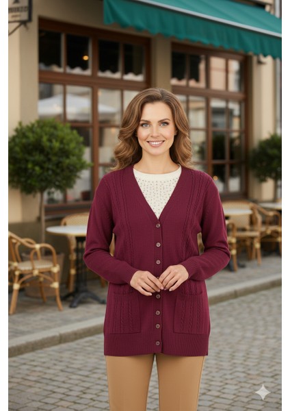 Kadın Kışlık Örgü Desenli Düğmeli Çift Cepli Uzun Kollu Normal Kesim Likralı Kardelen Dokuma Anne Hırka fırsatları