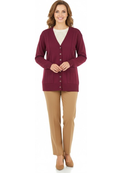 Kadın Kışlık Örgü Desenli Düğmeli Çift Cepli Uzun Kollu Normal Kesim Likralı Kardelen Dokuma Anne Hırka indirimleri