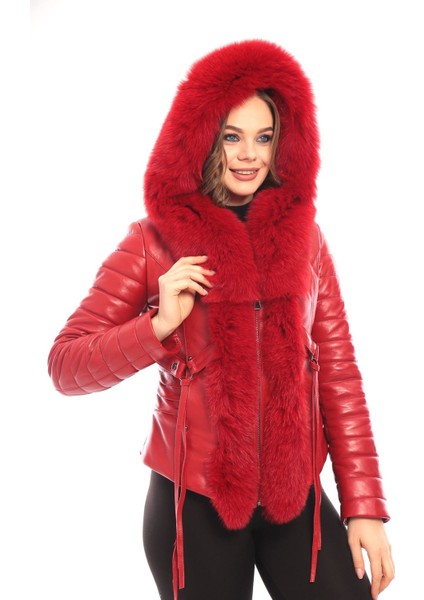 Hakiki Kuzu Derisi Kürk Yaka Kadın Deri Mont