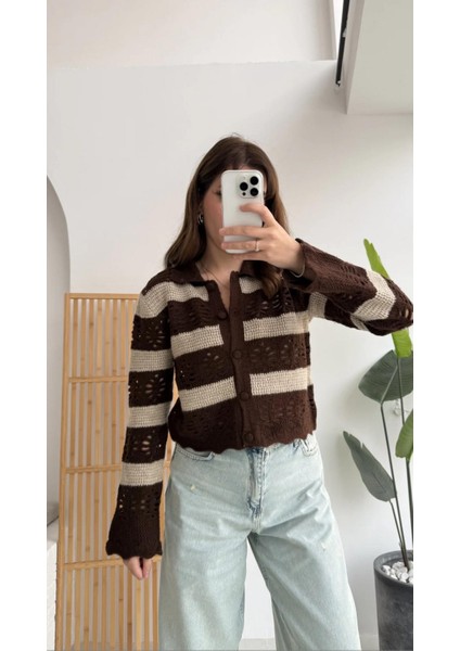 Kadın Ajurlu Delikli Çizgili Hırka Kahverengi