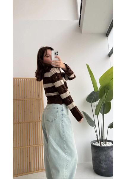 Kadın Ajurlu Delikli Çizgili Hırka Kahverengi fiyatları