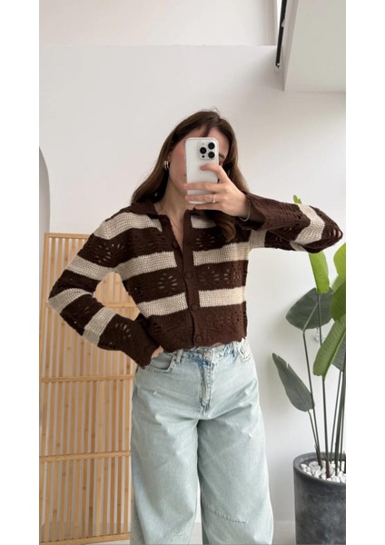 Kadın Ajurlu Delikli Çizgili Hırka Kahverengi modelleri