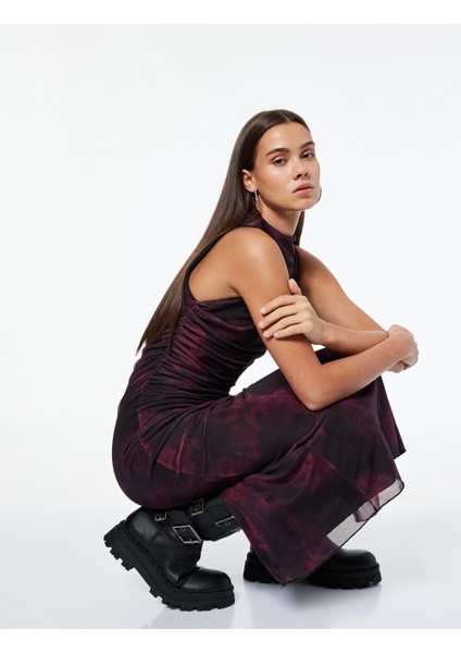 Slim Fit Kolsuz Bisiklet Yaka Çiçekli Uzun Tül Elbise