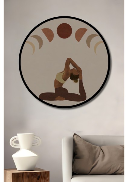 Dekoratif Ahşap Yuvarlak Çerçeve Görünümlü Tablo Yoga ve Ay Döngüsü