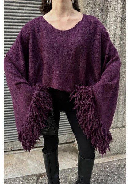 Kadın Püsküllü Triko Kazak Mürdüm