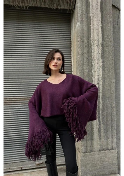 Kadın Püsküllü Triko Kazak Mürdüm fiyatları