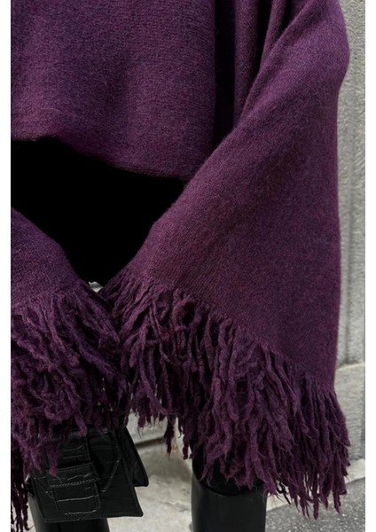 Kadın Püsküllü Triko Kazak Mürdüm modelleri