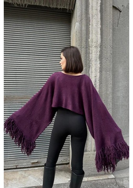 Kadın Püsküllü Triko Kazak Mürdüm fırsatları