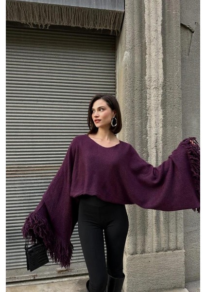 Kadın Püsküllü Triko Kazak Mürdüm indirimleri