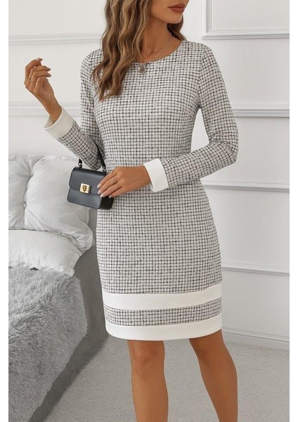 Kadın Uzun Kollu Yuvarlak Yaka Etek Ucu Şerit Detaylı Mini Dokuma Elbise fiyatları