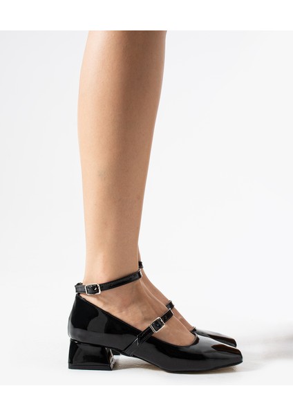 BA04594 Siyah Rugan Kadın Bilekten Kemerli 3 cm Topuklu Ayakkabı - 39 modelleri