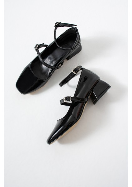 BA04594 Siyah Rugan Kadın Bilekten Kemerli 3 cm Topuklu Ayakkabı - 39 indirimleri