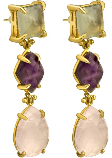 Labrodorit,Ametist ve Kuvars Taşlı Küpe