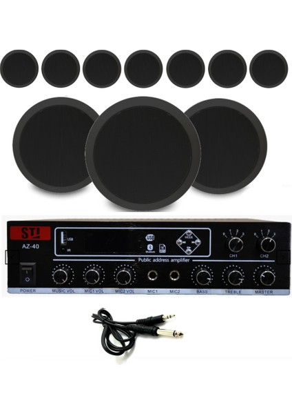 10’lu Siyah Tavan Hoparlörlü 100V Anfi Ses Sistemi | Kafe Mağaza Ofis Müzik Seti