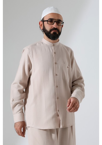 Erkek Müslin Hakim Yaka Uzun Kollu Düğmeli Gömlek, Hac Umre Kıyafeti - Bej (Ans)