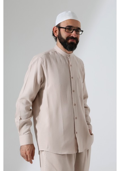 Erkek Müslin Hakim Yaka Uzun Kollu Düğmeli Gömlek, Hac Umre Kıyafeti - Bej (Ans) fiyatları