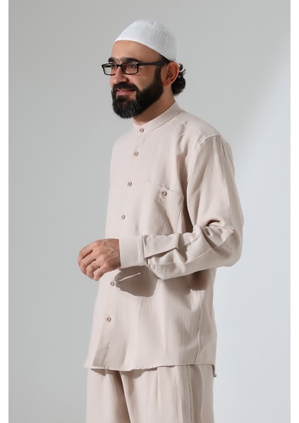 Erkek Müslin Hakim Yaka Uzun Kollu Düğmeli Gömlek, Hac Umre Kıyafeti - Bej (Ans) modelleri
