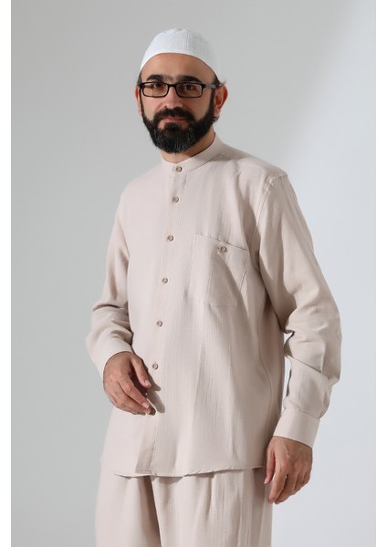 Erkek Müslin Hakim Yaka Uzun Kollu Düğmeli Gömlek, Hac Umre Kıyafeti - Bej (Ans) fırsatları