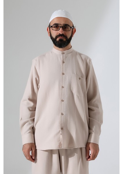 Erkek Müslin Hakim Yaka Uzun Kollu Düğmeli Gömlek, Hac Umre Kıyafeti - Bej (Ans) indirimleri
