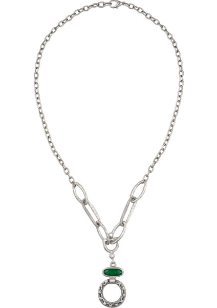 Yeşil Taş Detaylı Zincir Silver Kolye