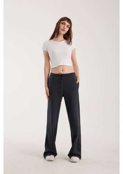 %100 Pamuk Geniş Paça Bağcıklı Kadın Pantolon/eşofman Altı