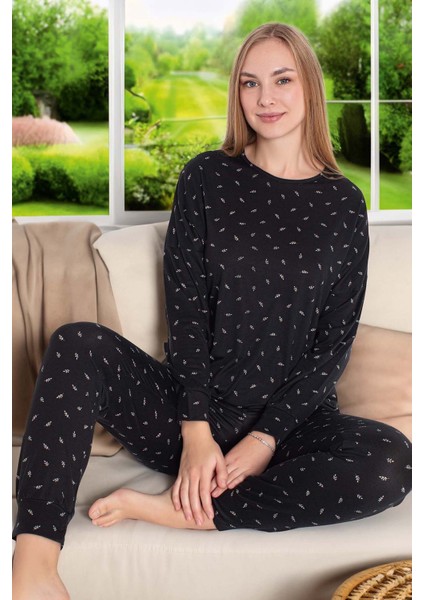 Kadın Viskon Uzun Kol Pijama Takımı 240984 Siyah