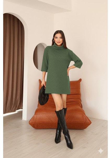 Kadın Haki Selanik Kumaş Boğazlı Geniş Kesim Diz Üstü Elbise