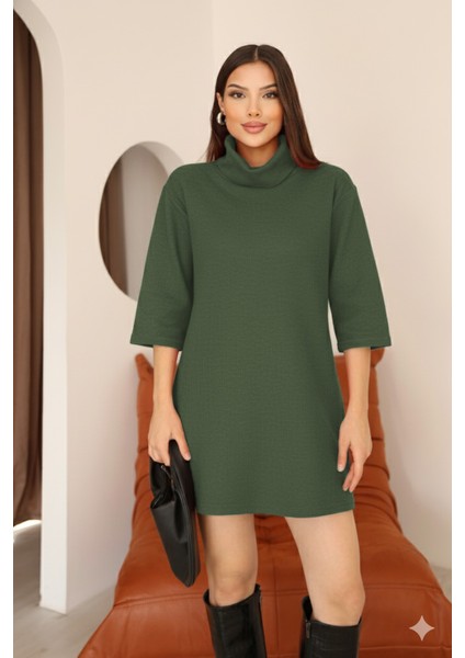 Kadın Haki Selanik Kumaş Boğazlı Geniş Kesim Diz Üstü Elbise fiyatları