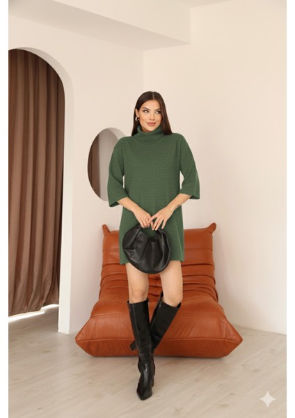 Kadın Haki Selanik Kumaş Boğazlı Geniş Kesim Diz Üstü Elbise modelleri