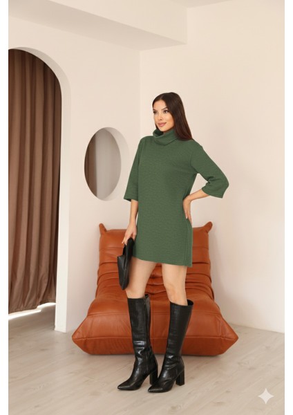 Kadın Haki Selanik Kumaş Boğazlı Geniş Kesim Diz Üstü Elbise indirimleri