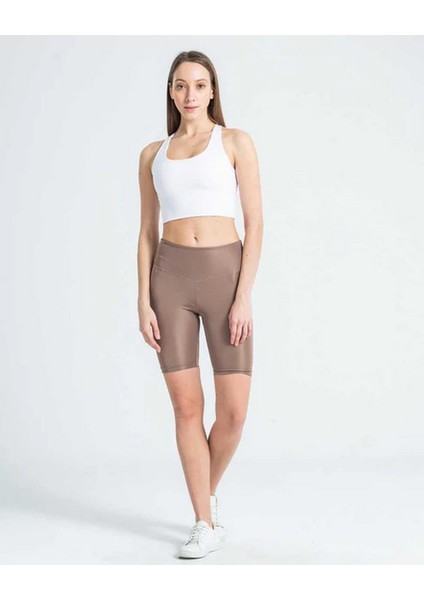 Kadın Yüksek Bel Dalgıç Kumaş Kısa Tayt Vizon