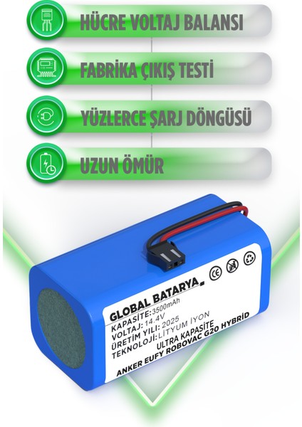 Anker Eufy Robovac G20 Hybrid Uyumlu Akıllı Robot Süpürge Bataryası 14.4V 3500MAH Li-Ion Pil (Ultra Kapasite) modelleri