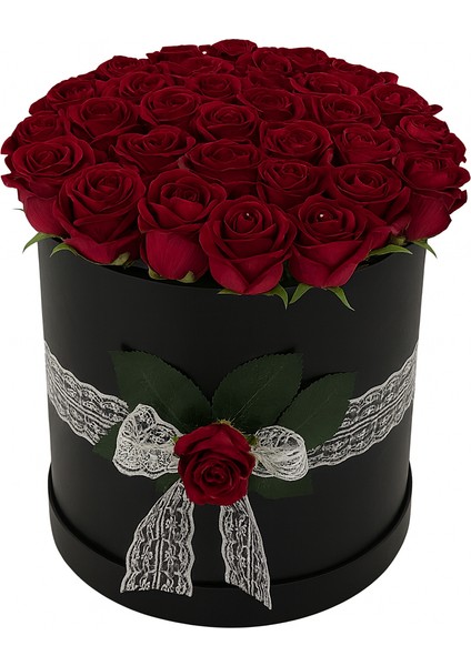 Siyah Silindir Kutuda Gerçek Görünümlü Yapay Kadife Gül Dekoratif Kutu