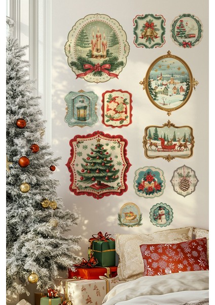 Vintage Noel Temalı Duvar Sticker Seti | 11 Parça Retro Christmas Dekor Seti | Dekoratif Sticker