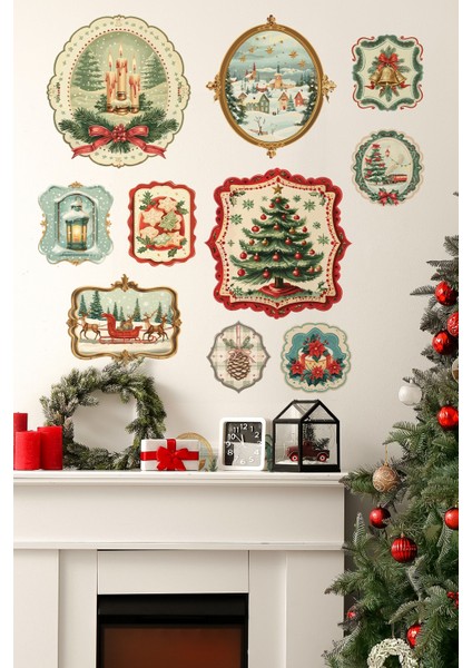 Vintage Noel Temalı Duvar Sticker Seti | 11 Parça Retro Christmas Dekor Seti | Dekoratif Sticker fiyatları