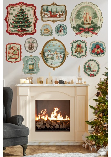 Vintage Noel Temalı Duvar Sticker Seti | 11 Parça Retro Christmas Dekor Seti | Dekoratif Sticker modelleri