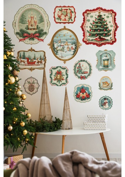 Vintage Noel Temalı Duvar Sticker Seti | 11 Parça Retro Christmas Dekor Seti | Dekoratif Sticker fırsatları