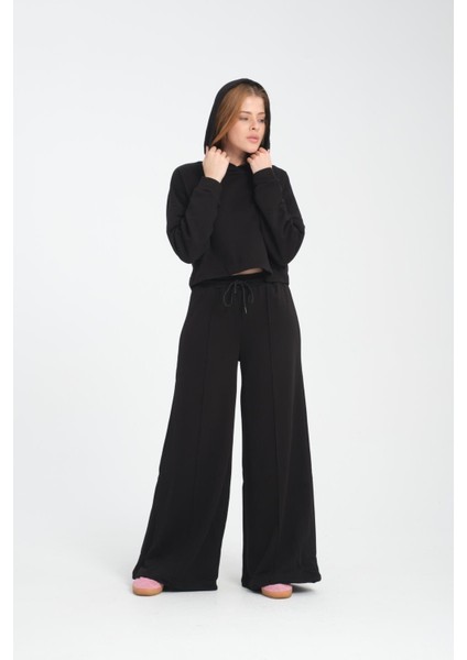 Geniş Paça Bağcıklı Nervürlü Kadın Pantolon/eşofman Altı