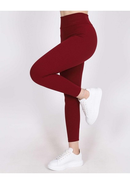 Kadın Yüksek Bel Içi Şardonlu Fitilli Tayt Bordo